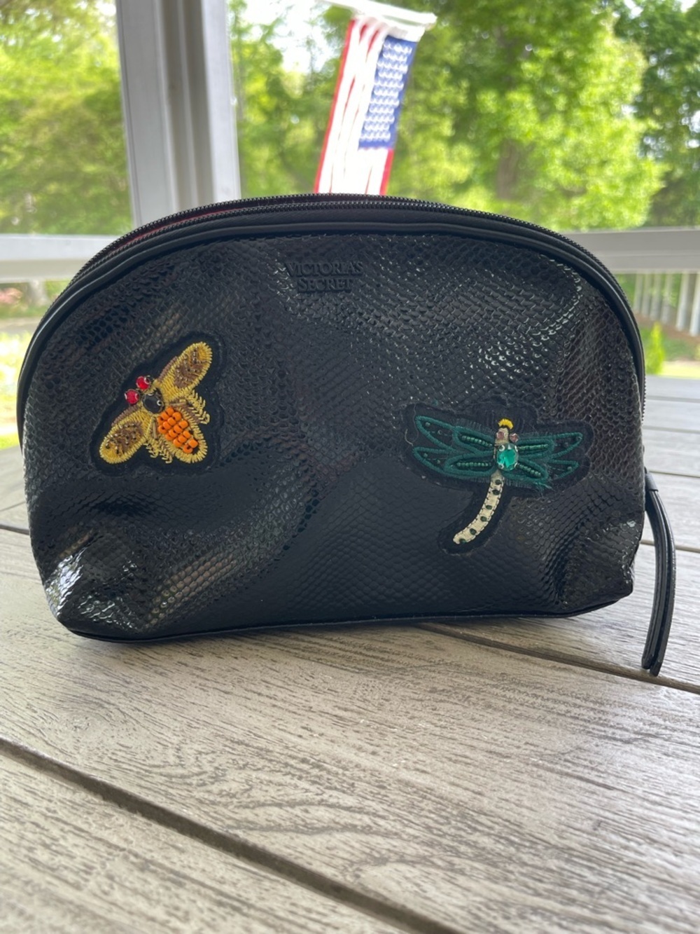 Victoria's Secret Black Textured Cosmetic Pouch with Insect Embellishments